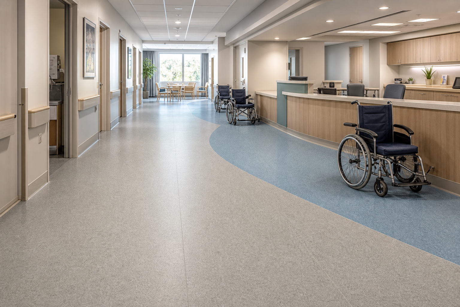 Illustrative Acoustic-Comfort Heterogeneous Vinyl Sheet Flooring System application: Senior-care and rehabilitation corridors