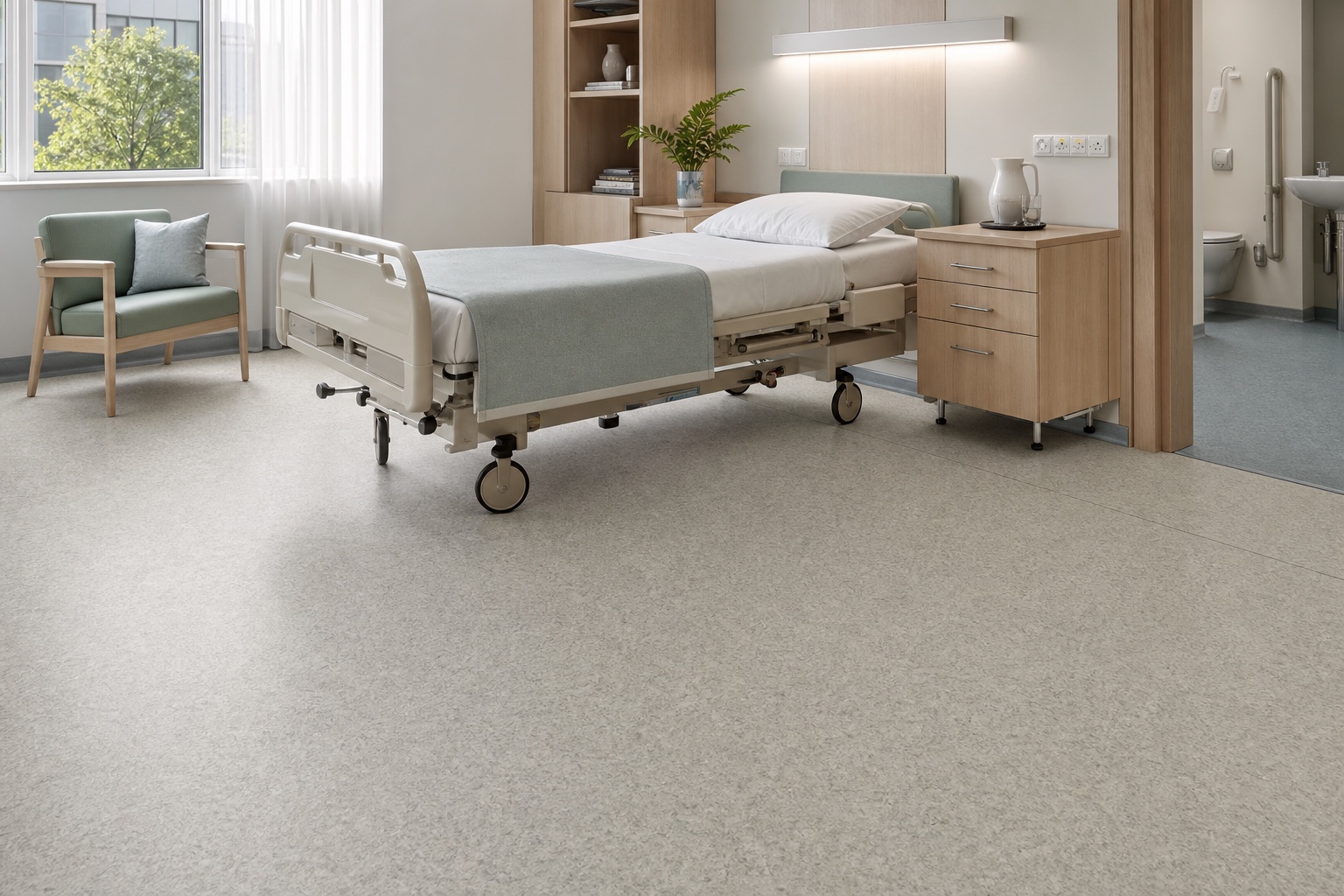 Illustrative Acoustic-Comfort Heterogeneous Vinyl Sheet Flooring System application: Patient rooms and low-acuity clinical spaces