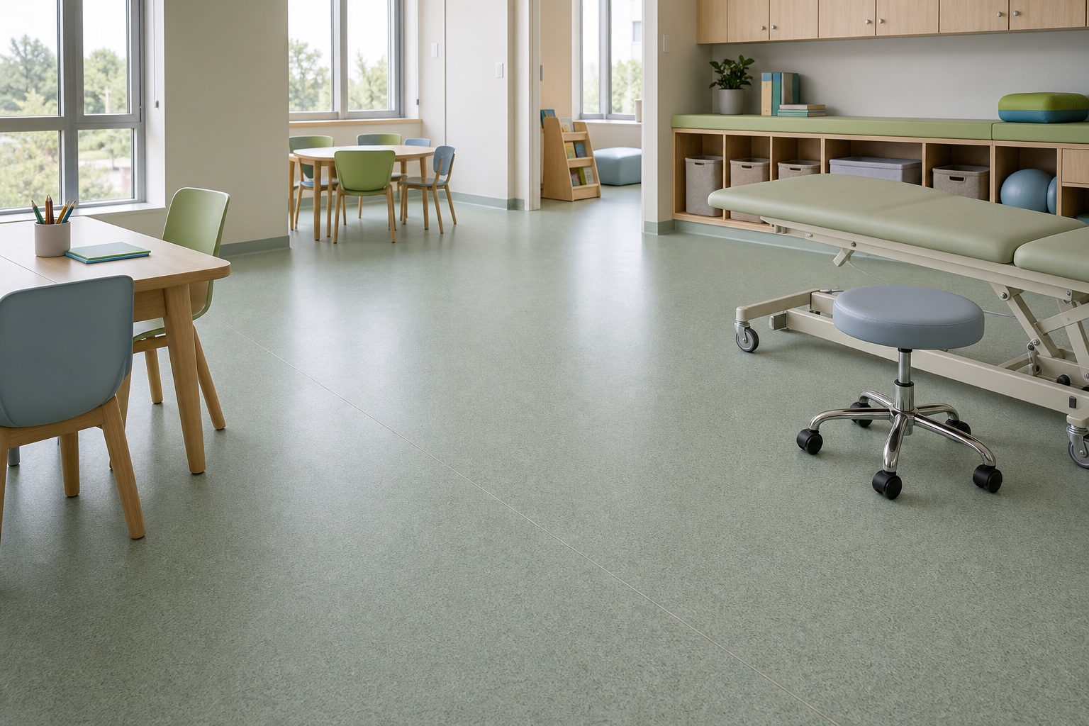 Illustrative Acoustic-Comfort Heterogeneous Vinyl Sheet Flooring System application: Pediatric learning and therapy rooms