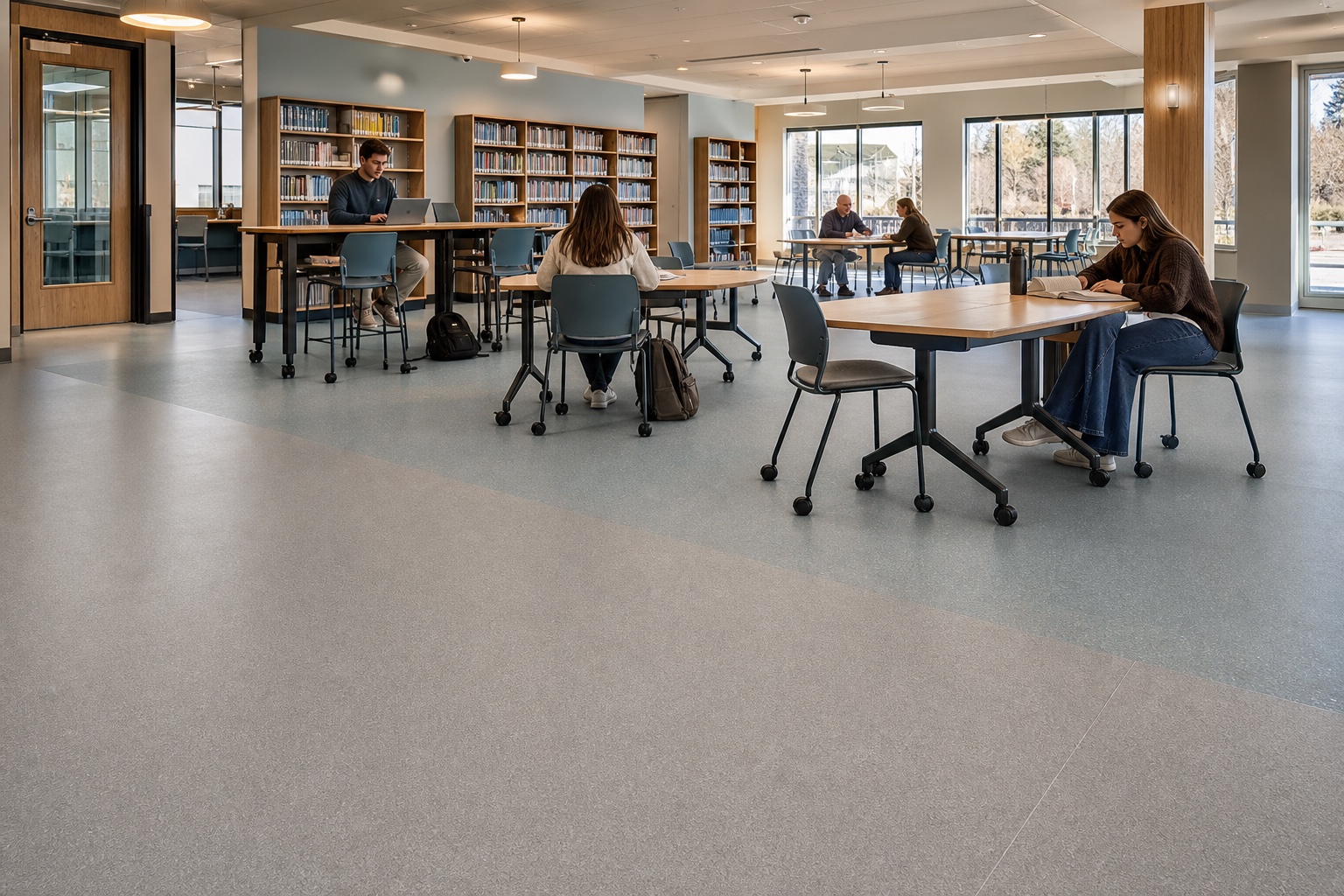 Illustrative Acoustic-Comfort Heterogeneous Vinyl Sheet Flooring System application: Libraries, classrooms and quiet learning zones