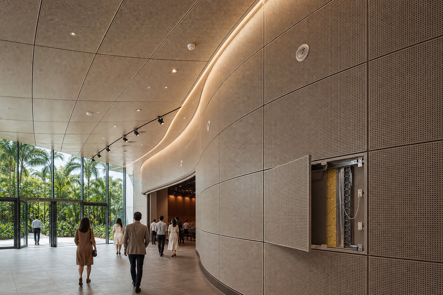 Illustrative perforated acoustic and fire-rated wall-ceiling system in a tropical conference venue