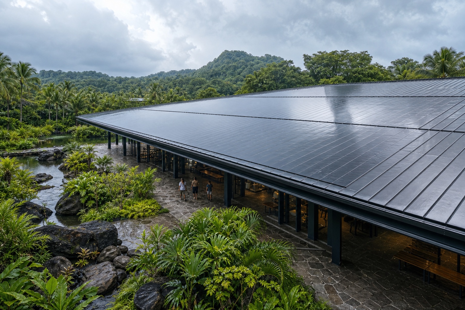 Illustrative BIPV glass canopy and photovoltaic facade in a tropical technology campus
