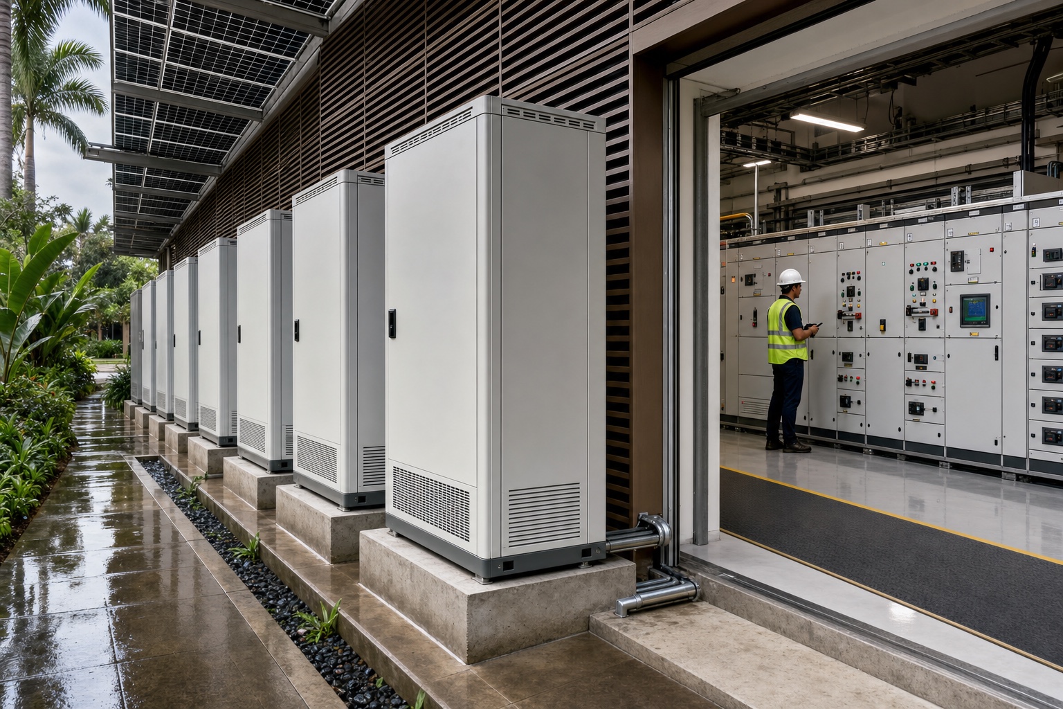 Illustrative outdoor C&I battery and smart distribution yard at a tropical data-center campus