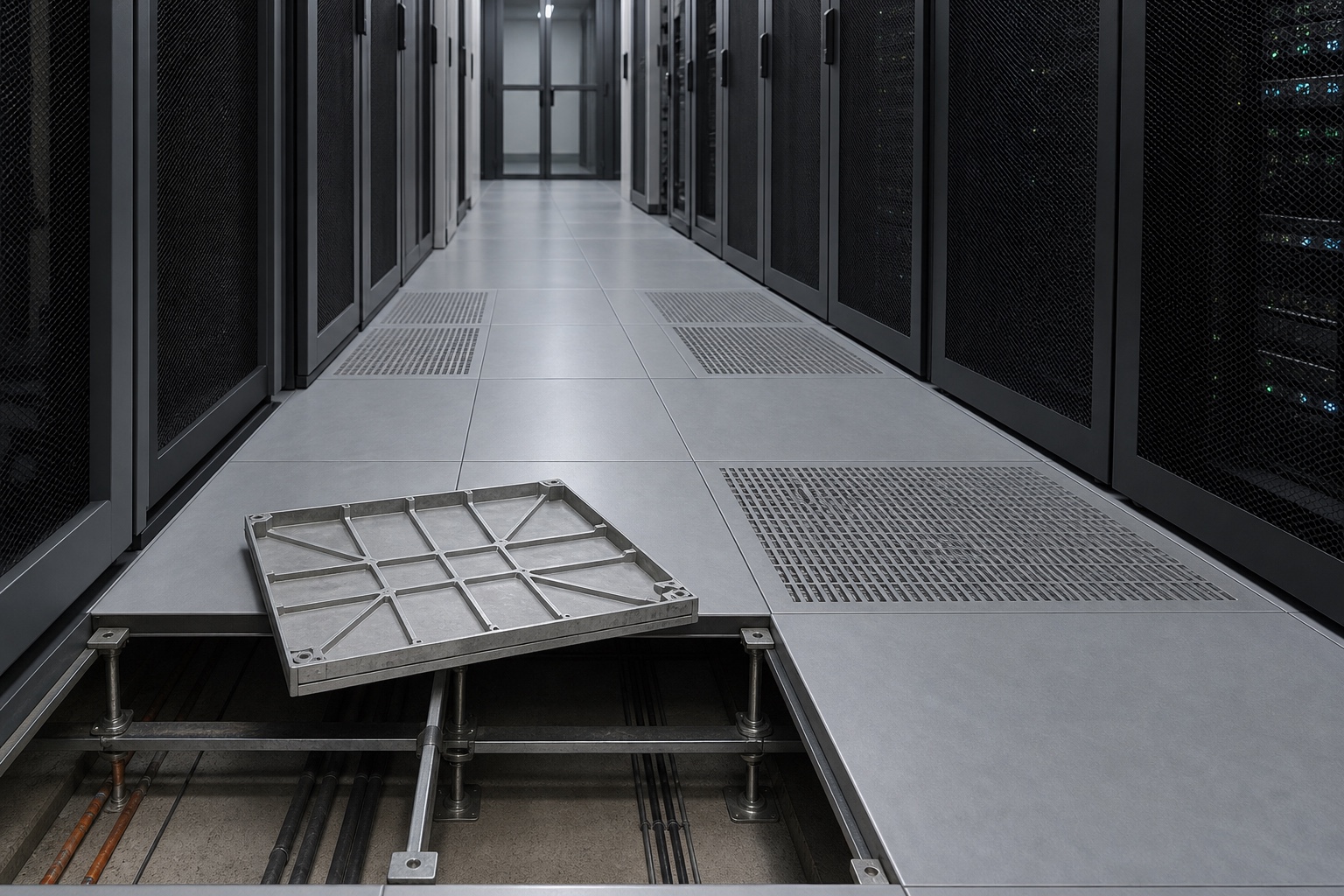 Illustrative Cleanroom Aluminum Airflow Raised Access Floor System application: High-density data-center cold and hot aisles