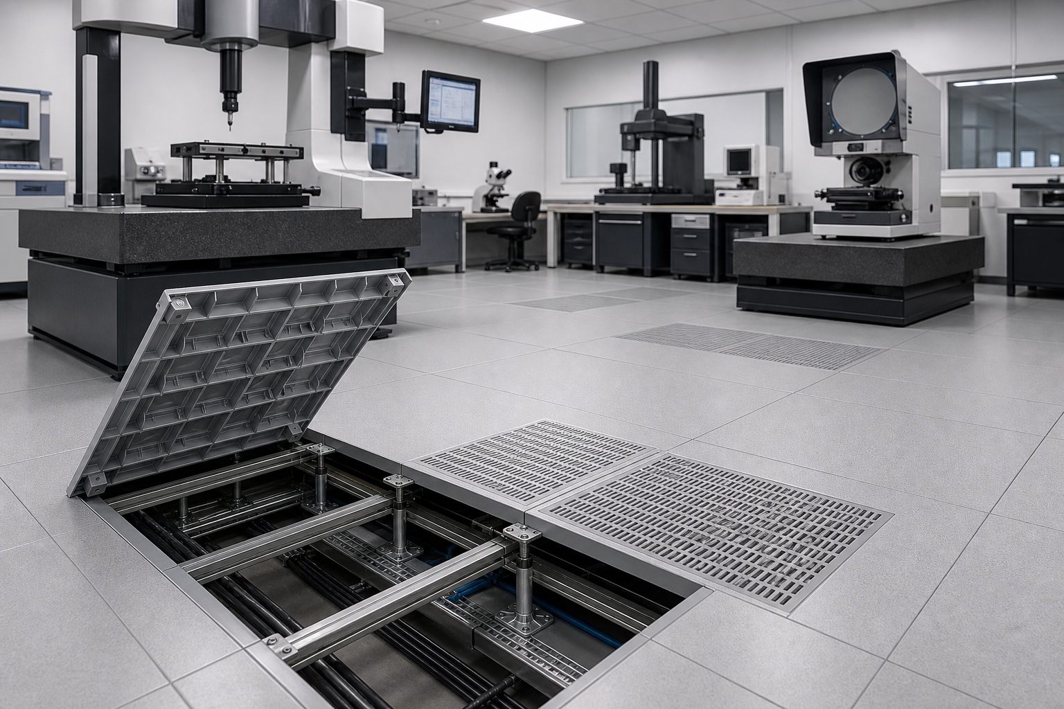 Illustrative Cleanroom Aluminum Airflow Raised Access Floor System application: Precision instrument laboratories
