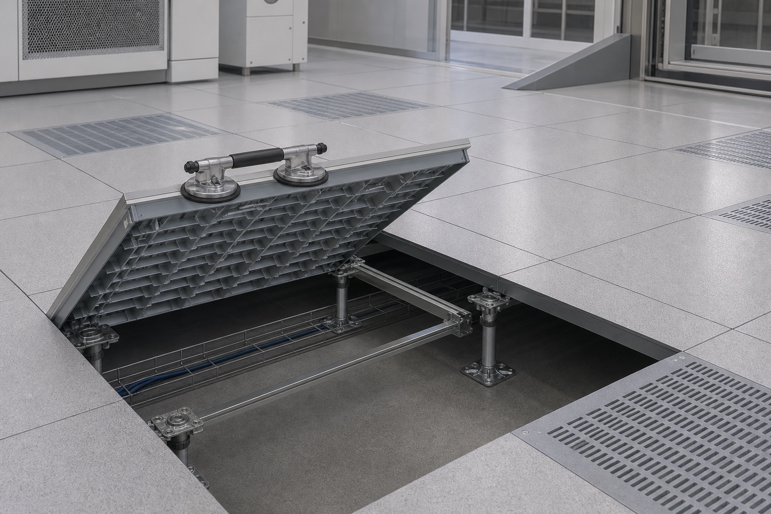 Illustrative Cleanroom Aluminum Airflow Raised Access Floor System application: Semiconductor clean production and maintenance zones