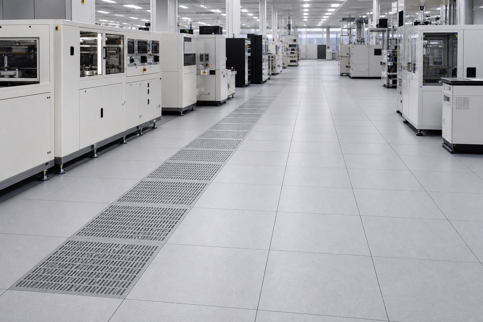 Factory-grounded generated illustration of a die-cast aluminum airflow raised floor in a semiconductor clean production zone