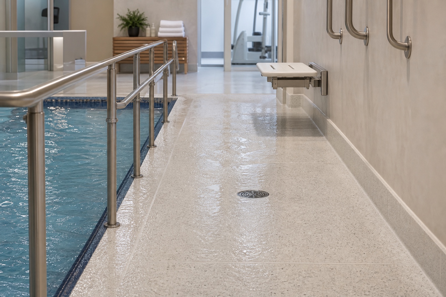 Illustrative Continually-Wet Safety Vinyl Sheet Flooring System application: Rehabilitation hydrotherapy wet edges