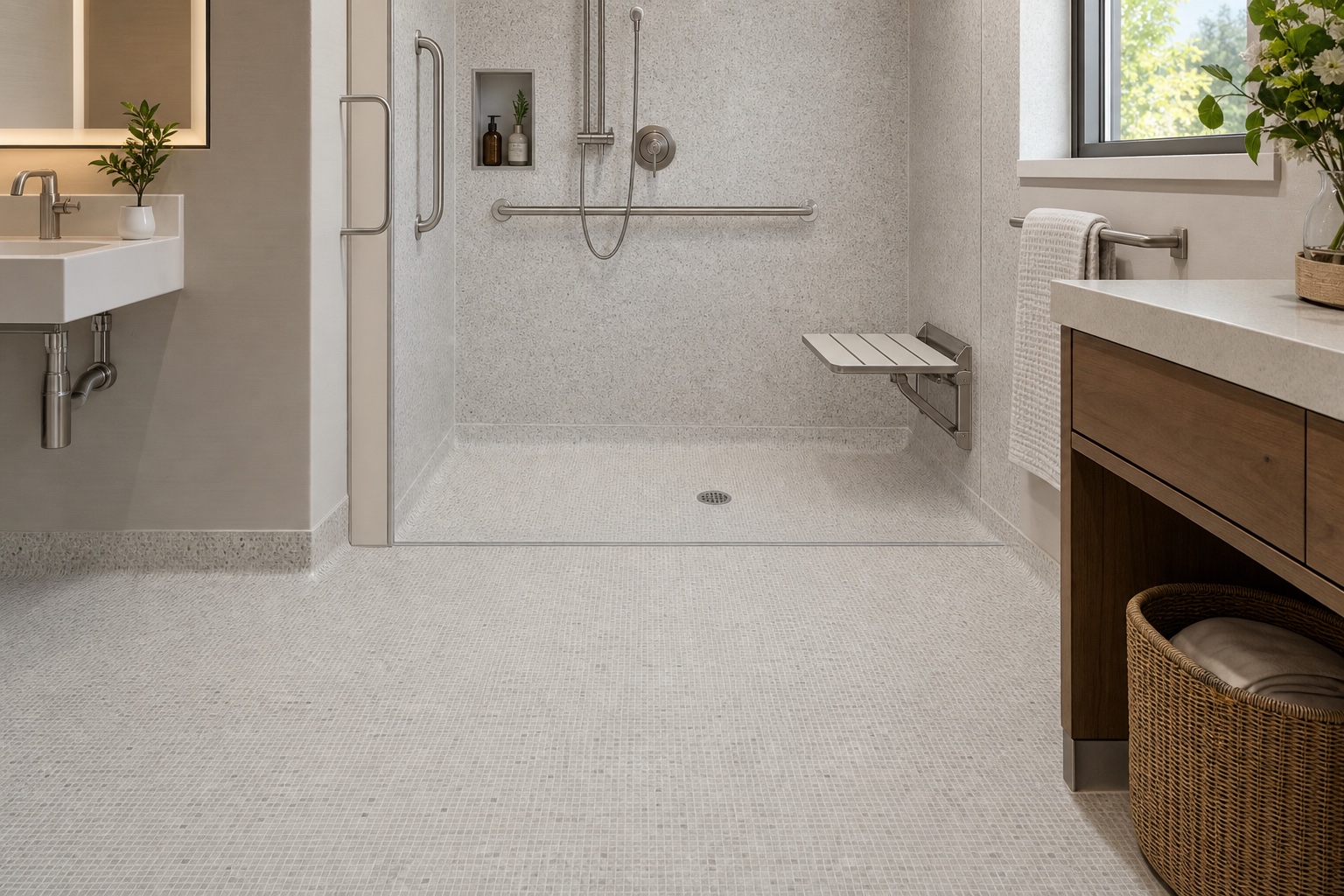 Illustrative Continually-Wet Safety Vinyl Sheet Flooring System application: Senior-care accessible bathrooms