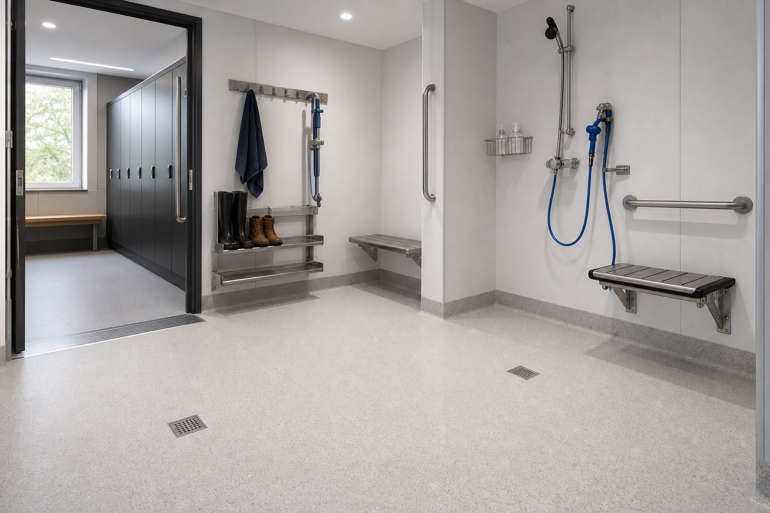 Illustrative Continually-Wet Safety Vinyl Sheet Flooring System application: Wet changing and decontamination support rooms
