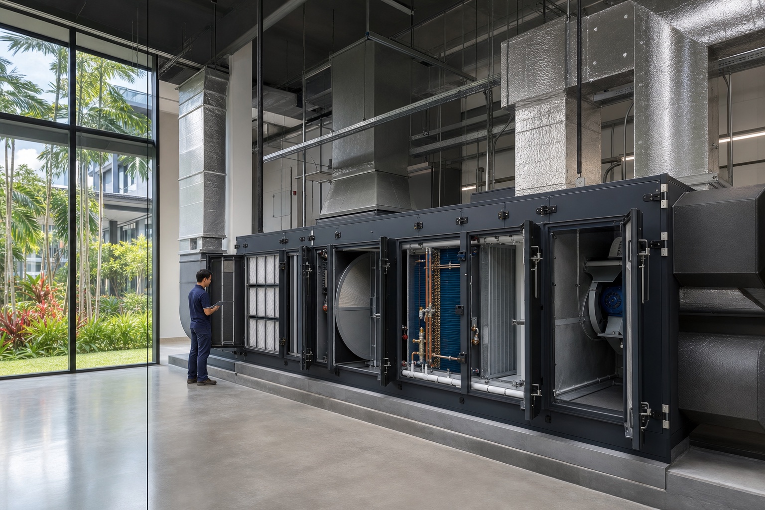 Illustrative desiccant dehumidification and ERV plant in a tropical technical facility