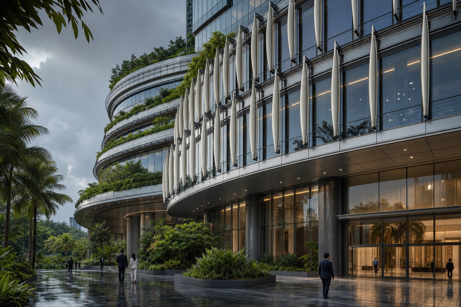 Illustrative operable facade fins and electrochromic glazing on a lush tropical office building