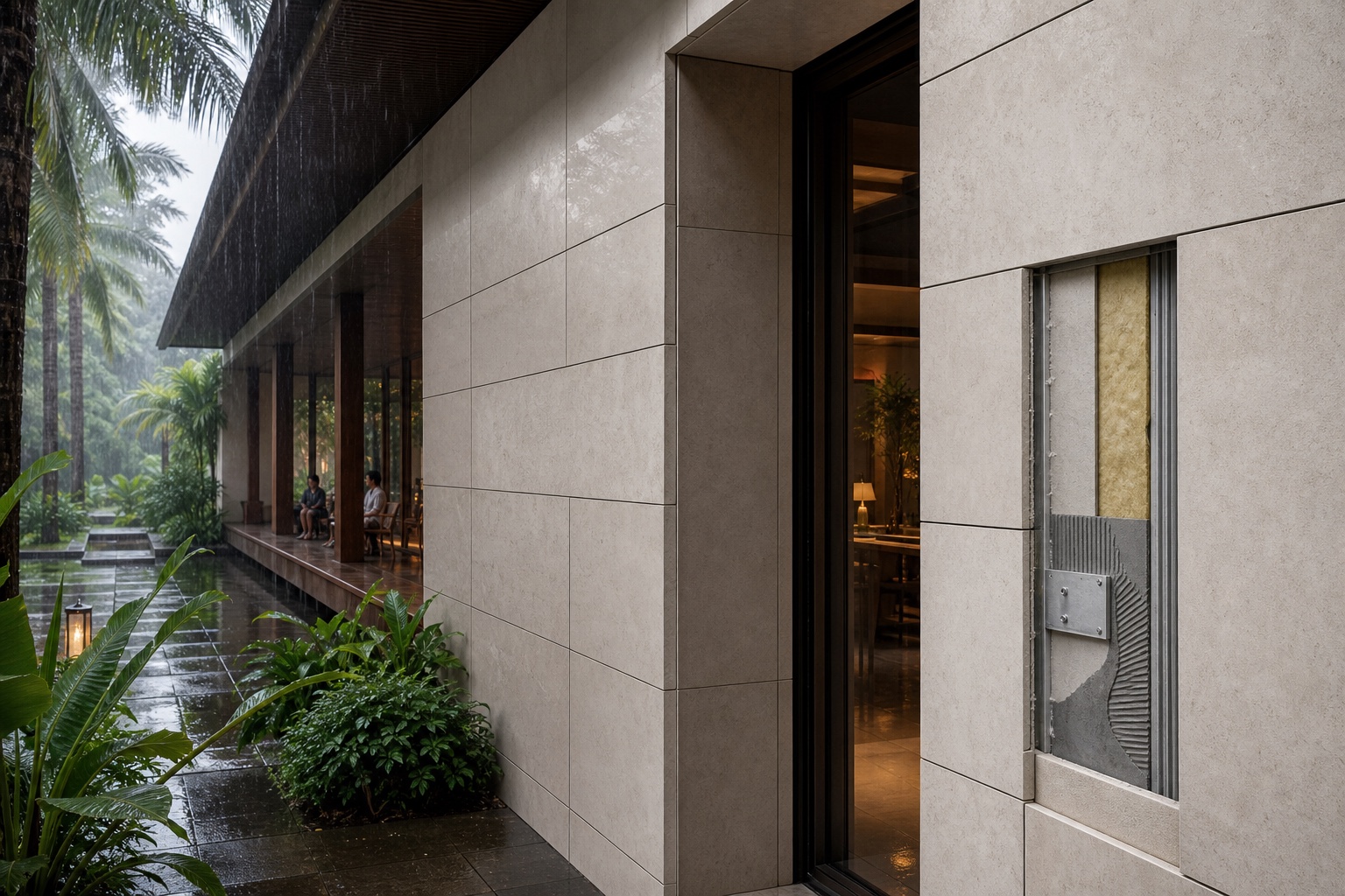 Illustrative insulated composite wall panels in an enclosed tropical office interior