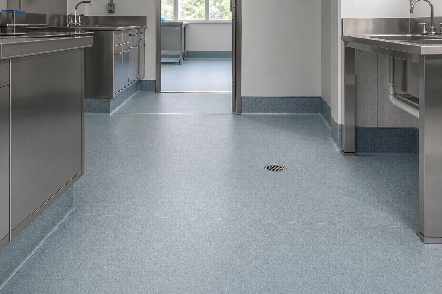 Illustrative Low-Emission Homogeneous Sheet Flooring for Healthcare & GMP Areas application: Hospital circulation and clinical rooms