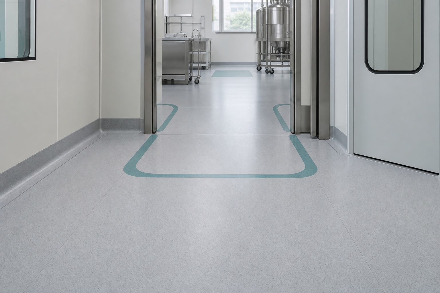 Illustrative Low-Emission Homogeneous Sheet Flooring for Healthcare & GMP Areas application: Laboratory wet-cleaning areas