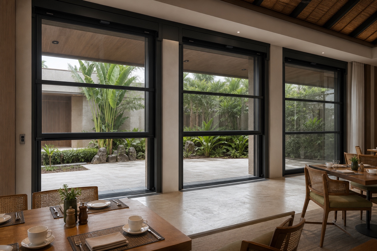 Illustrative Motorized Vertical-Lift Panoramic Window System application: Tropical villa living rooms and drained ground-level landscape terraces