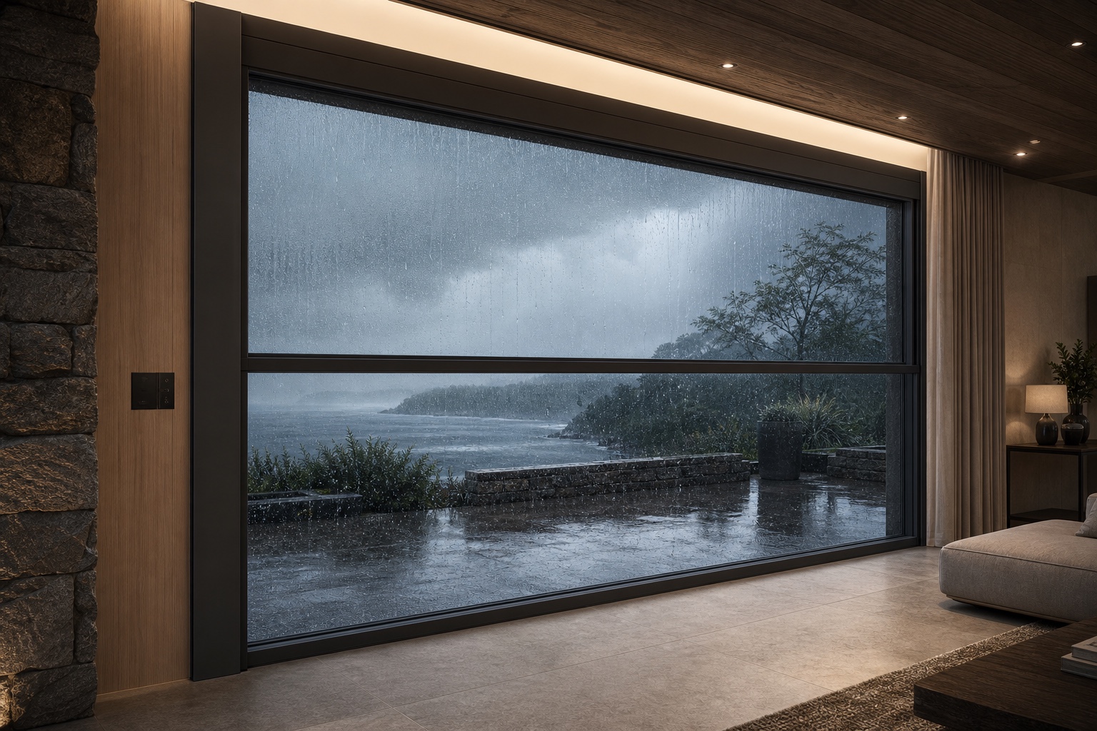 Illustrative Motorized Vertical-Lift Panoramic Window System application: Resort-hotel breakfast and lounge areas