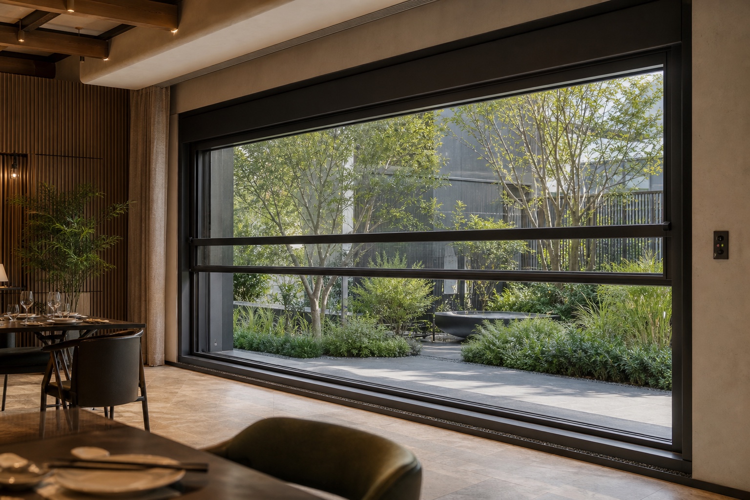 Illustrative Motorized Vertical-Lift Panoramic Window System application: Mountain and coastal villas requiring closed-state rain protection