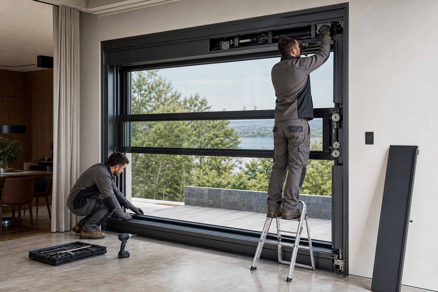 Illustrative Motorized Vertical-Lift Panoramic Window System application: Indoor-garden and landscape restaurants