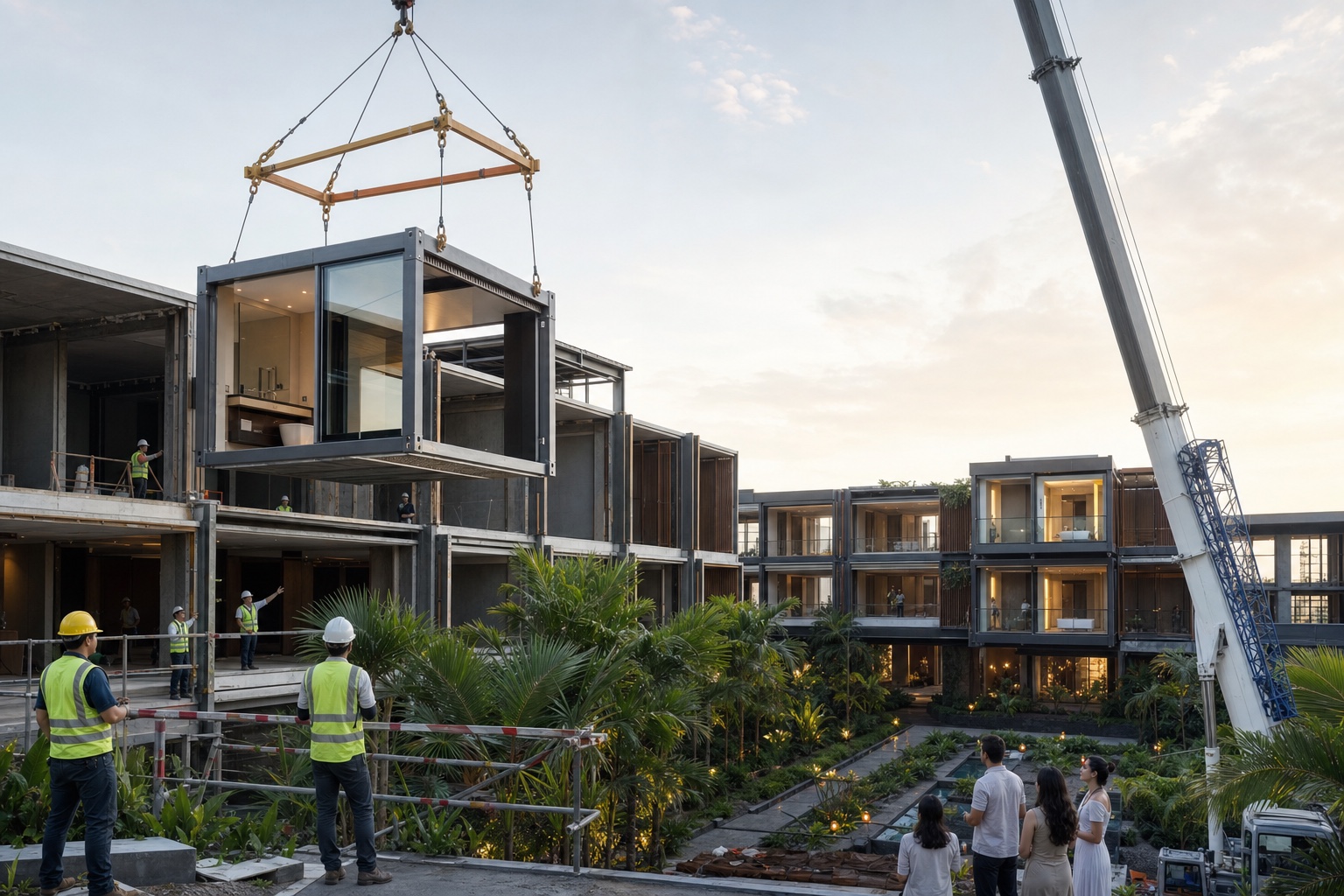 Illustrative PPVC room module being installed in a landscaped Indonesian forest-city campus