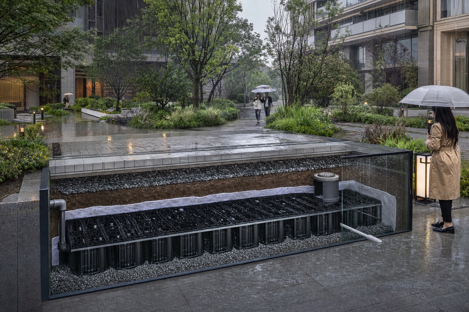 Illustrative permeable plaza, rain garden, HDPE drainage pipe and modular storage in Jakarta