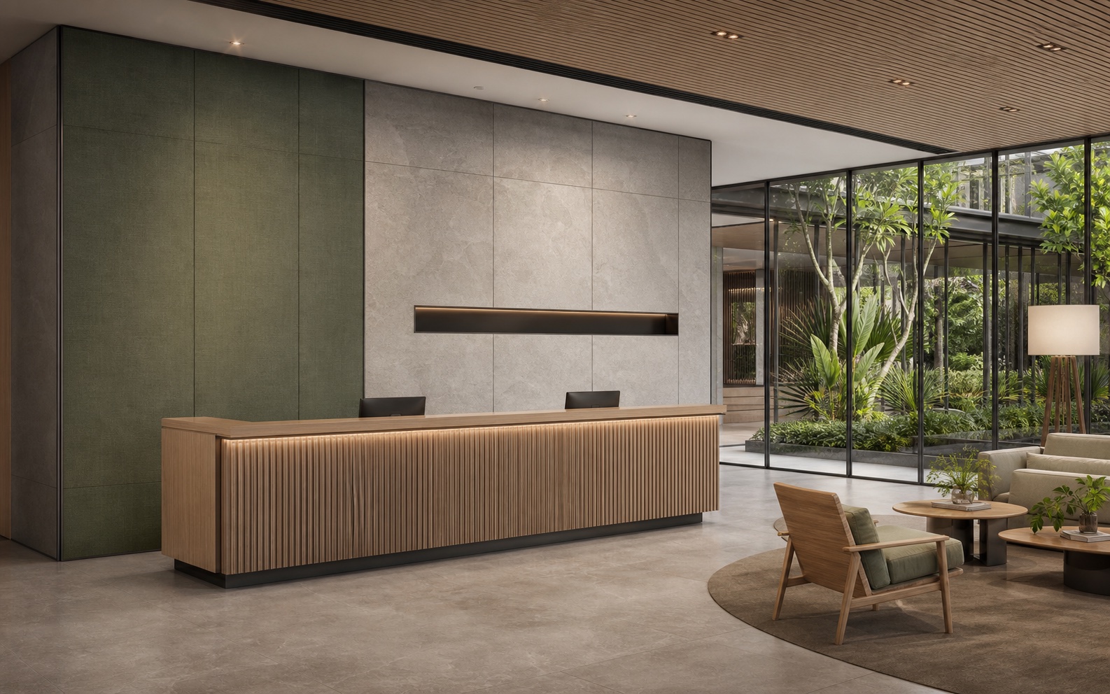 SPC wall-panel system in a tropical office reception